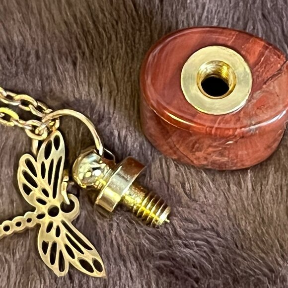 Red Jasper Urn/Vial Pendant Necklace • Dragonfly Charm • Memorial Keepsake - Picture 3 of 9